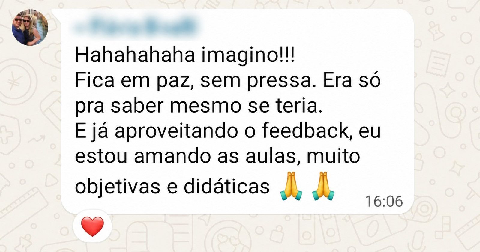 Aluna elogiando a objetividade e a didática das aulas
