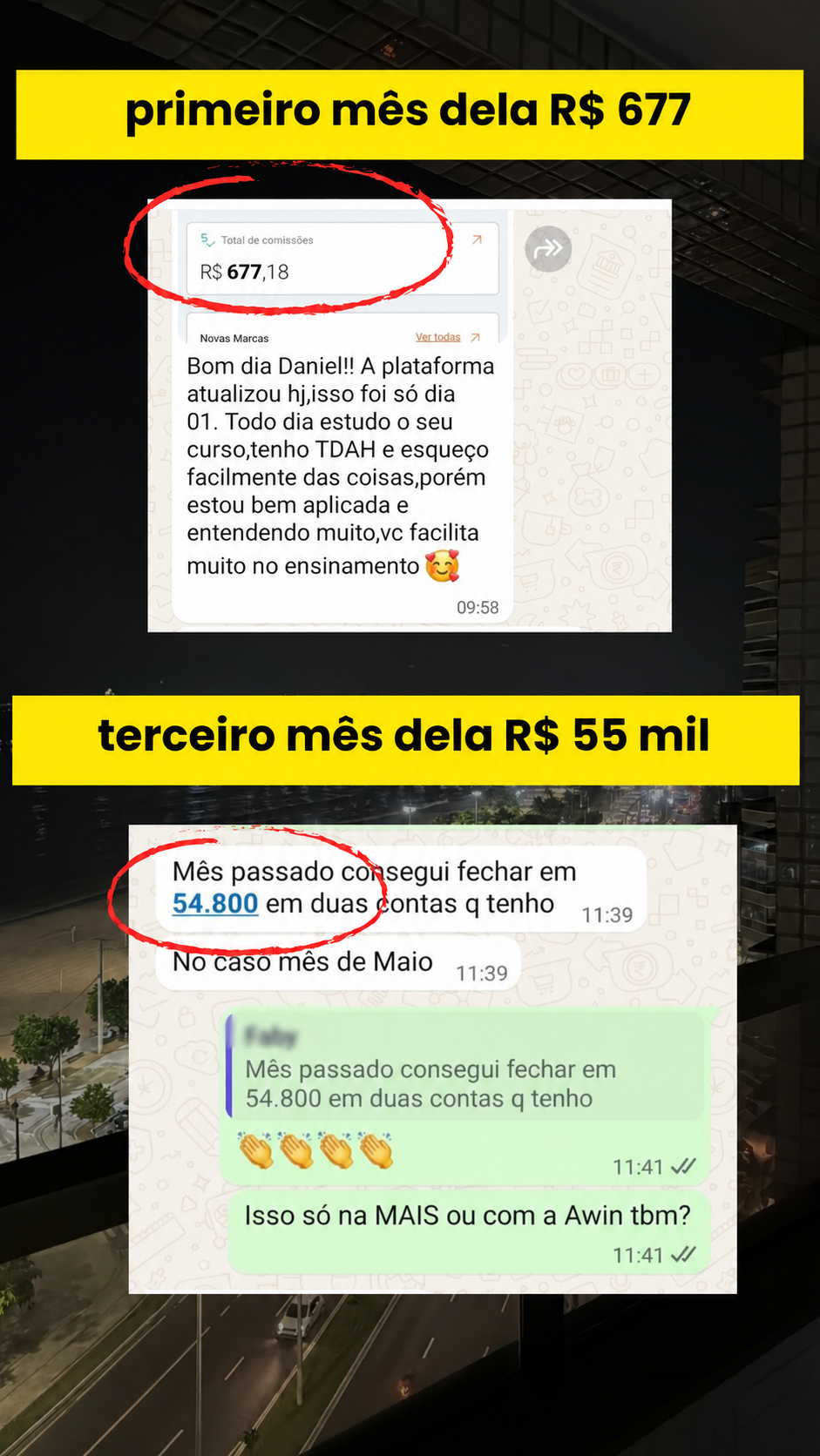 Evolução de resultados compartilhada por aluna